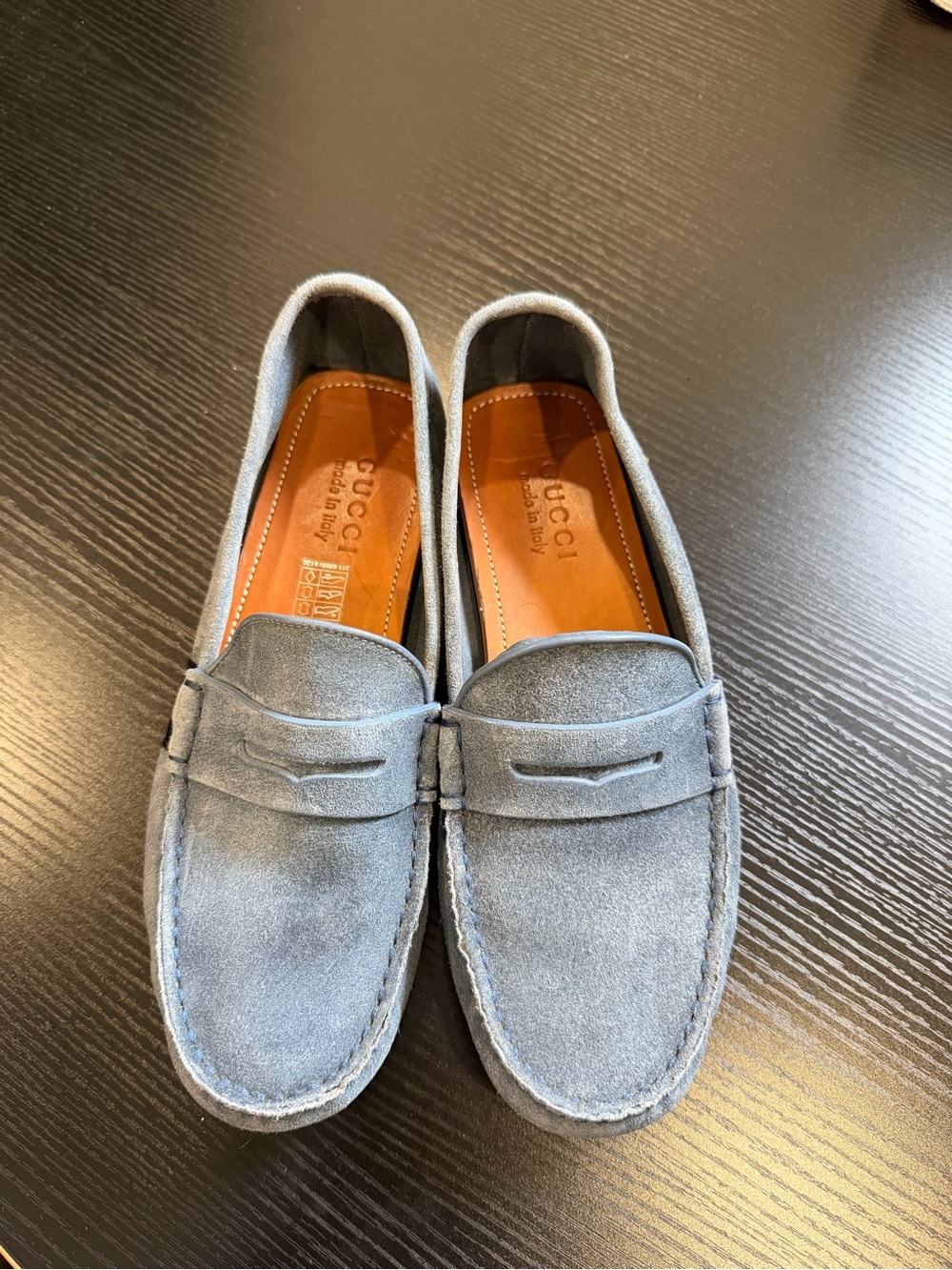 Gucci Men’s Suede Penny Loafers in Dusty Blue